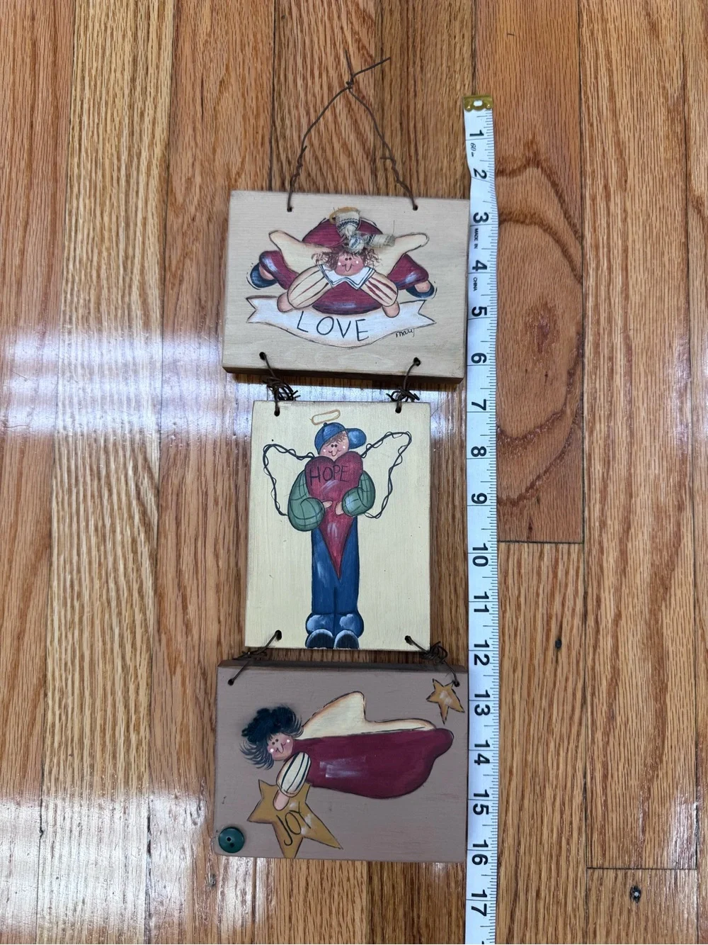 Rustic Vintage Handpainted Wooden Angel Trio Wall Hanging - Love Hope Joy